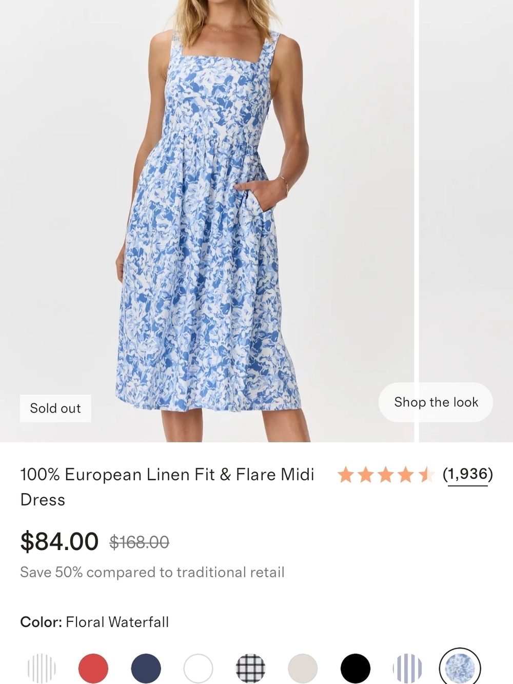 QUINCE Floral Waterfall Fit & Flare Linen Midi Dress - Blue/White